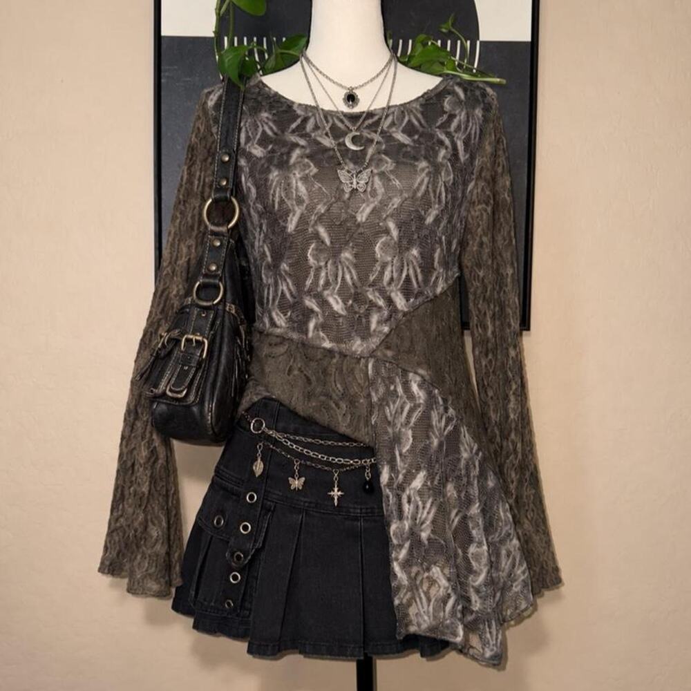 Y2K Feratelli Whimsigoth Fairycore Patchwork Lace Asymmetrical Tunic Top